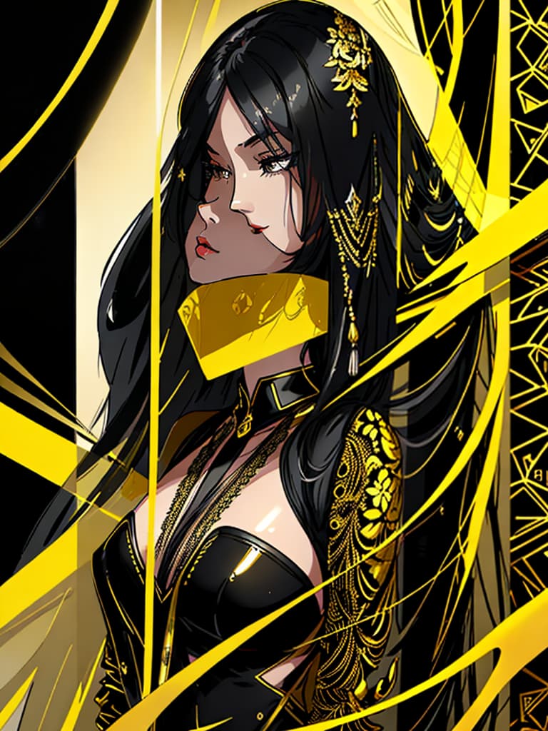  Golden yellow and sleek black color palette, captivating and inviting expression, exuding elegance and charm, magnetic beauty, intricate details, high contrast, luxurious feel, digital art, female, glossy finish, striking composition, dynamic lighting to enhance features.