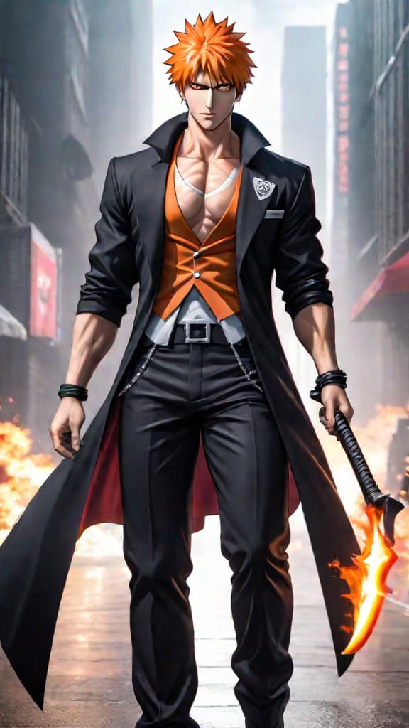  create an anime art of ichigo kurosaki revealing his unique quincy and hollow bloodline powers from bleach. hyperrealistic, full body, detailed clothing, highly detailed, cinematic lighting, stunningly beautiful, intricate, sharp focus, f/1. 8, 85mm, (centered image composition), (professionally color graded), ((bright soft diffused light)), volumetric fog, trending on instagram, trending on tumblr, HDR 4K, 8K