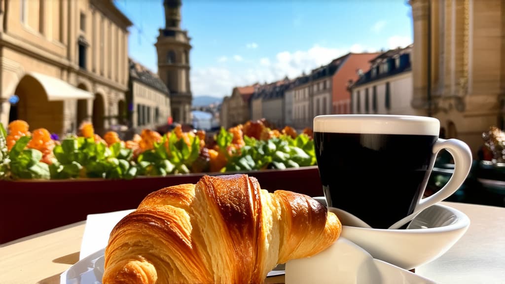  a cup of coffee and a croissant on a table, around the city, unwind, beautiful setting, defined, fresh bakeries in the background ar 16:9 {prompt}, maximum details