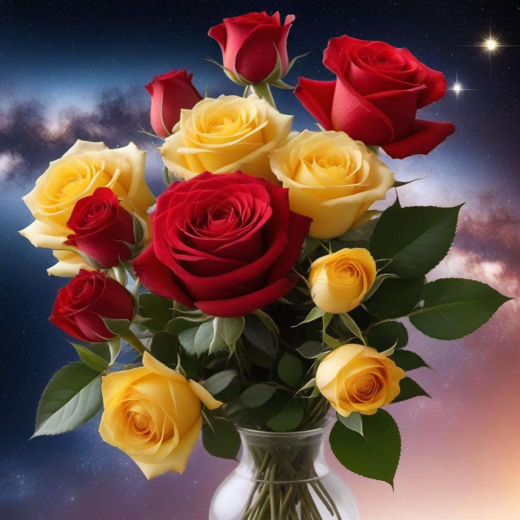  A bouquet of gorgeous red and yellow roses - 11 pieces.Above them, the background is bright stars, comets, the Milky Way, the natal chart. Beauty.