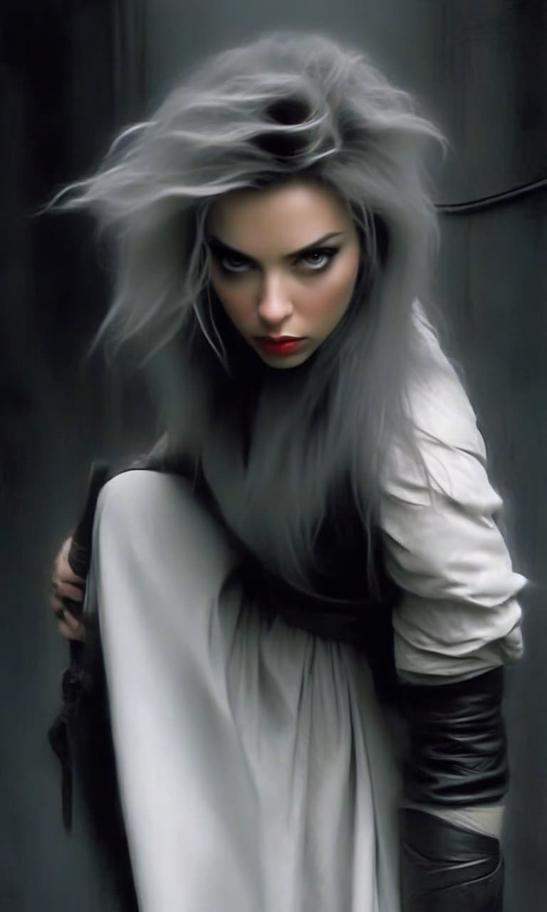  macabre style scarlett johansson in the form of a thief fighter with a sword in his hand, with white and black straight hair, in white leather skirts, in plate shoulder pads and plated wrists, in full height, in a dark hall with wide dark gray columns in spots. . dark, gothic, grim, haunting, highly detailed, perfecteyes, perfect hands