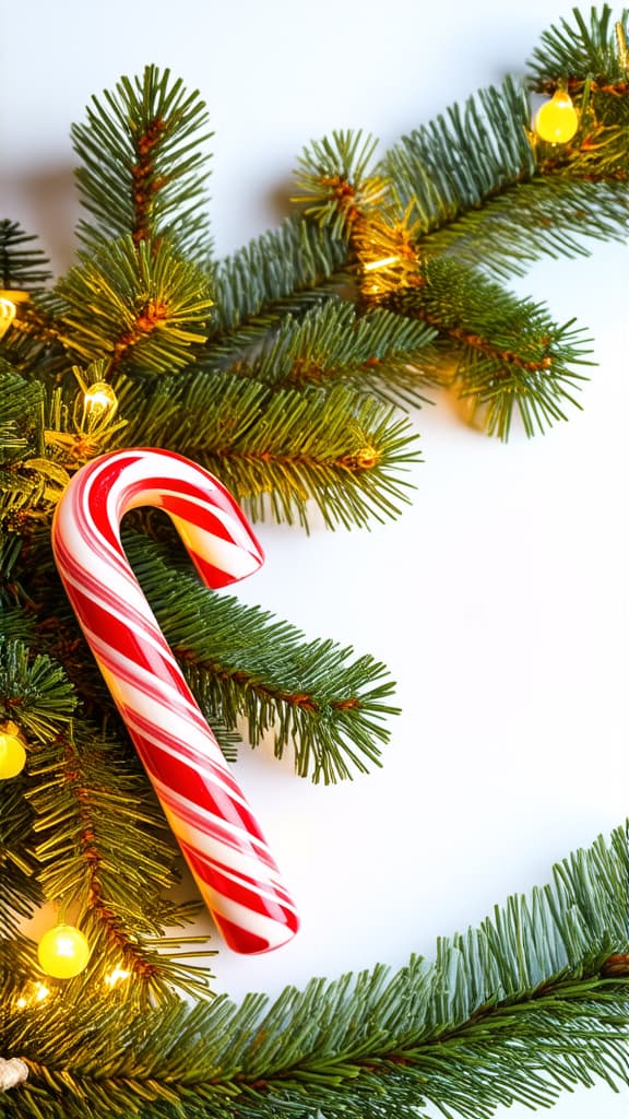  professional detailed photography, candy canes lie on a white background at the edges of a spruce branch decorated with a golden garland with small lights ar 9:16, (muted colors, dim colors, soothing tones), (vsco:0.3)