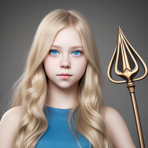  cute modern young adukt girl long wavy blonde hair blue eyes shy white skin holding a bronze sceptre epic background