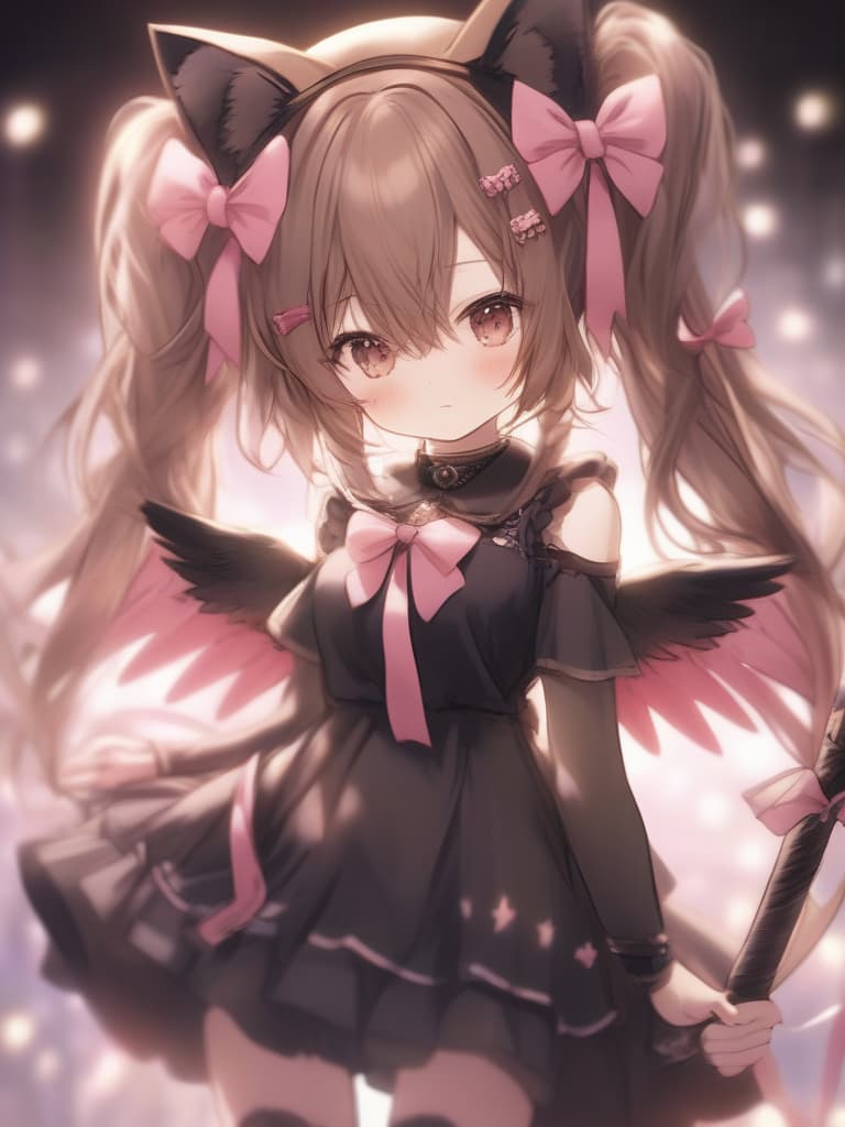  1girl,solo,long hair,blush,looking at viewer,bangs,eyebrows visible through hair,thighhighs,dress,ribbon,original,bow,brown eyes,animal ears,holding,very long hair,jewelry,closed mouth,standing,hair ribbon,pink hair,hair bow,short sleeves,cowboy shot,wings,sleeveless,cat ears,pink eyes,necklace,zettai ryouiki,black dress,blurry,two side up,animal ear fluff,leaning forward,black ribbon,black bow,depth of field,blurry background,cross,staff,feathered wings,backlighting,holding staff