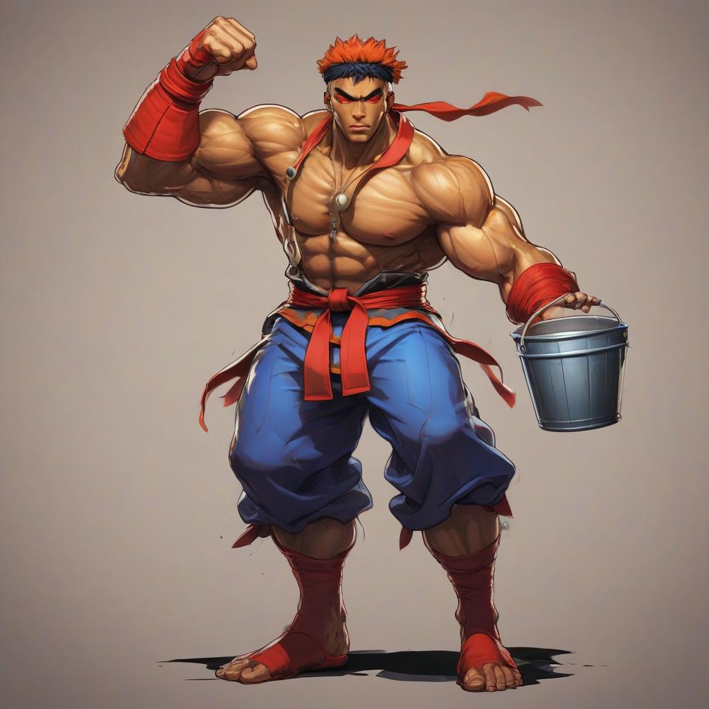  street fighter style bugbearer волосатый гоблин from dnd, in anime drawing, portrait, with a bucket on his head. . vibrant, dynamic, arcade, 2d fighting game, highly detailed, reminiscent of street fighter series