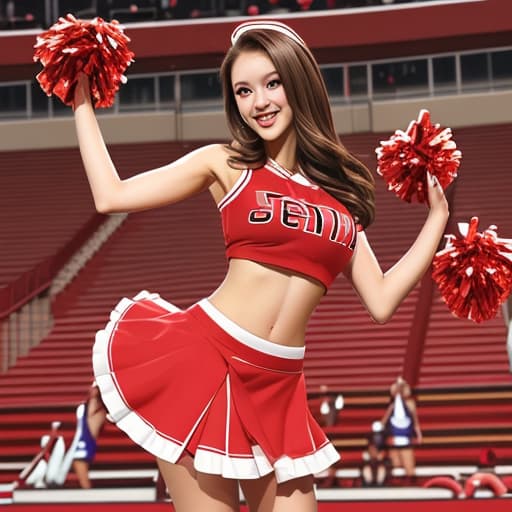  Cheer leader in a red skirt with brown hair