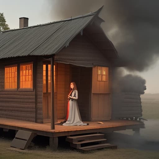  woman with long hair in a long dress smoke and a wooden house around it