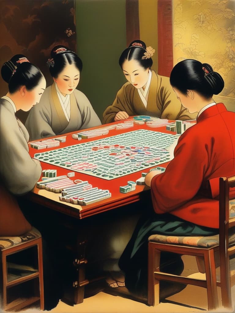  women,around a mahjong table,(((playing mahjong))),