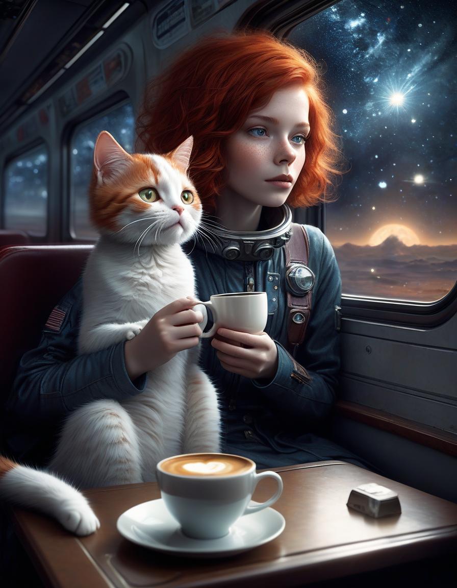  space themed red haired girl with short haircut and white cat in a two seater train compartment, drinking coffee on a table by the train window, stars, constellations, jean baptiste monge style, beautiful, realistic, filigree, black background, light particles, fantasy, botanical, lumen, reality swiftkey . cosmic, celestial, stars, galaxies, nebulas, planets, science fiction, highly detailed