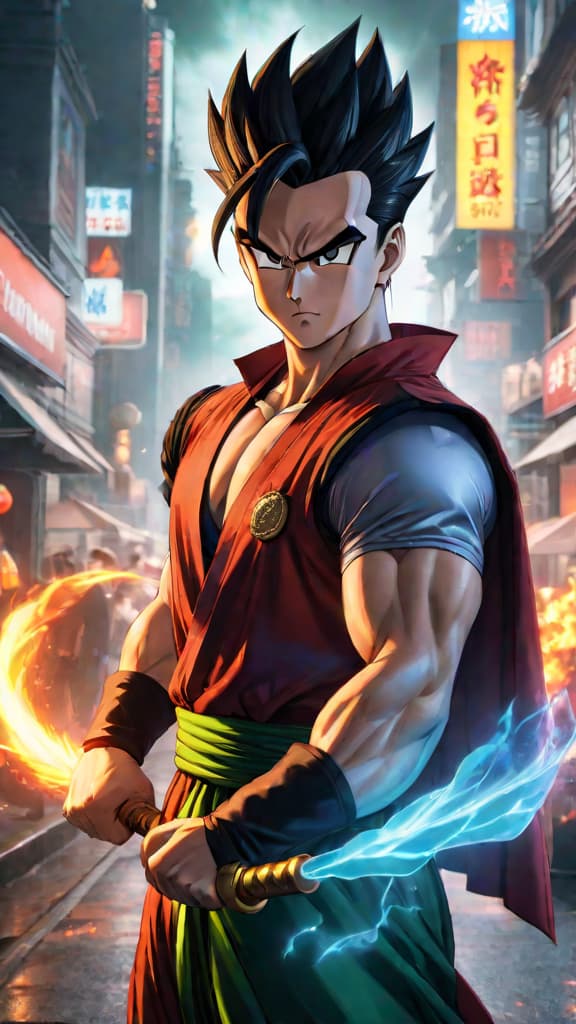  anime art: gohan as great saiyaman in a flamboyant pose, blending justice with flair in satan city. hyperrealistic, full body, detailed clothing, highly detailed, cinematic lighting, stunningly beautiful, intricate, sharp focus, f/1. 8, 85mm, (centered image composition), (professionally color graded), ((bright soft diffused light)), volumetric fog, trending on instagram, trending on tumblr, HDR 4K, 8K