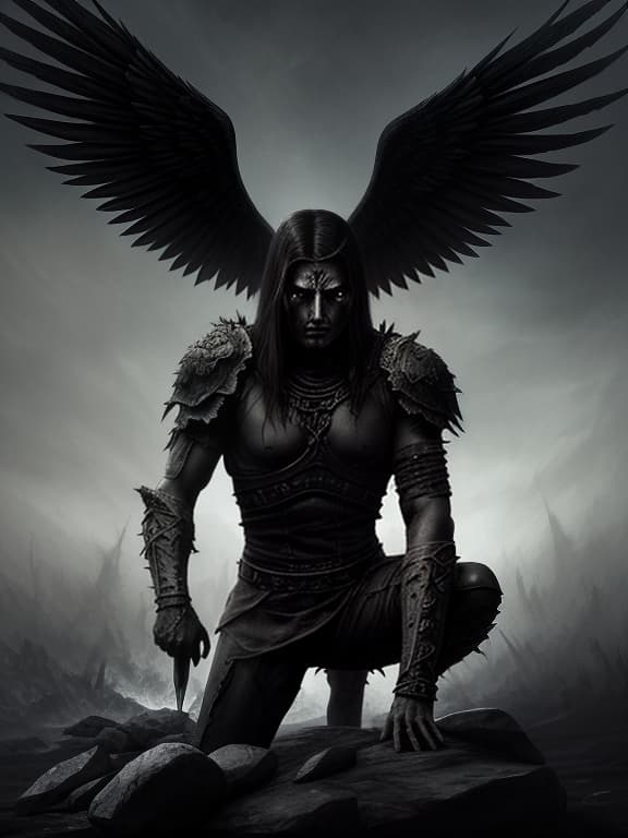  kneeling lucifer, with ragged wings, with white skin, in black armor, in a black crown, with black obsidian eyes, looks up, fiery tears flow from his eyes, stands on a rock in the middle of a gray wasteland, looks into the fiery sky, in front of him is a broken spear., dark , creepy , blood , monsters , by jason engle , carlos huante , charlie bowater , simon lee , brom