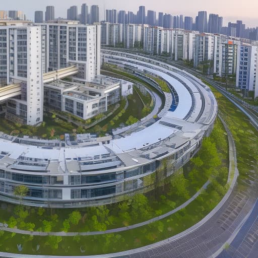 dvarchmodern residential quarter, futuristic circular modular transportable multi storey houses with a thin white metal exterior frame and transparent elevators, flowerbeds and paths in front of buildings, tram line, evening, bird's eye view, professional photo, high resolution, high detail, subdued lighting