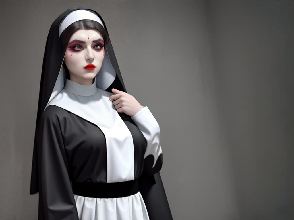  masterpiece, best quality, heavy makeup nun, rubber, textured, evil