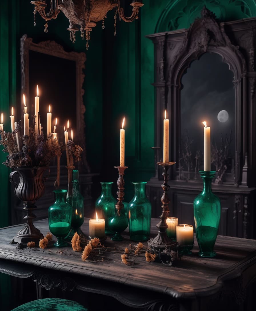  gothic style the dark room. wooden furniture in classic style. dried flowers in emerald vases. burned candles. web and dust. no lighting. the moon outside . dark, mysterious, haunting, dramatic, ornate, detailed