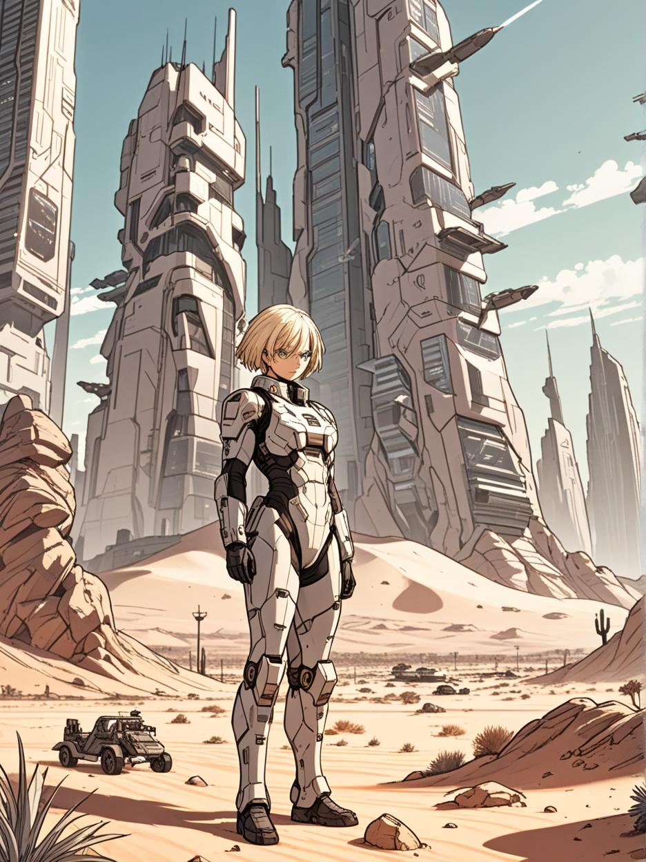  manga artwork create an image of a desert with futuristic military bases and a background with skyscrapers holding it. manga artist. manga, highly emotional. best quality, high resolution