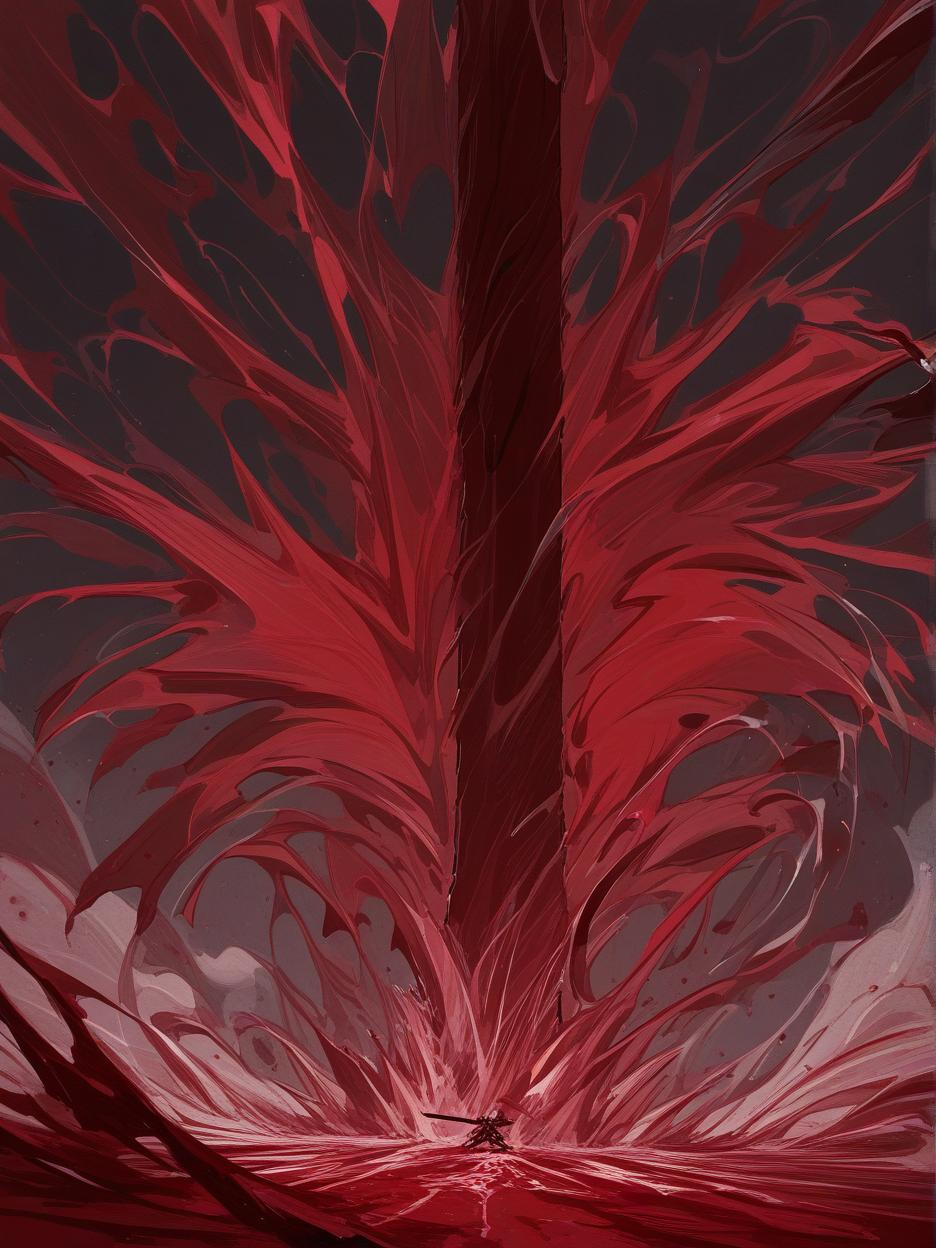  create for me an image of a giant blood sword, it is stuck in the ground with blood swirling around it. the red sand floor being pushed by the swirling force of blood and crystals in the background, with clear skies. . best quality, high resolution