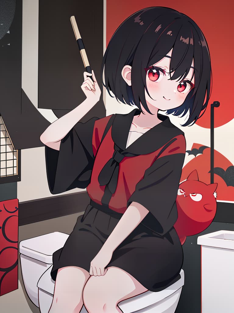  hanako in the toilet, black bob, toilet, dubious atmosphere, youkai, red white shirt, bewitching smile, dark night, masterpiece, best quality,8k,ultra detailed,high resolution,an extremely delicate and beautiful,hyper detail