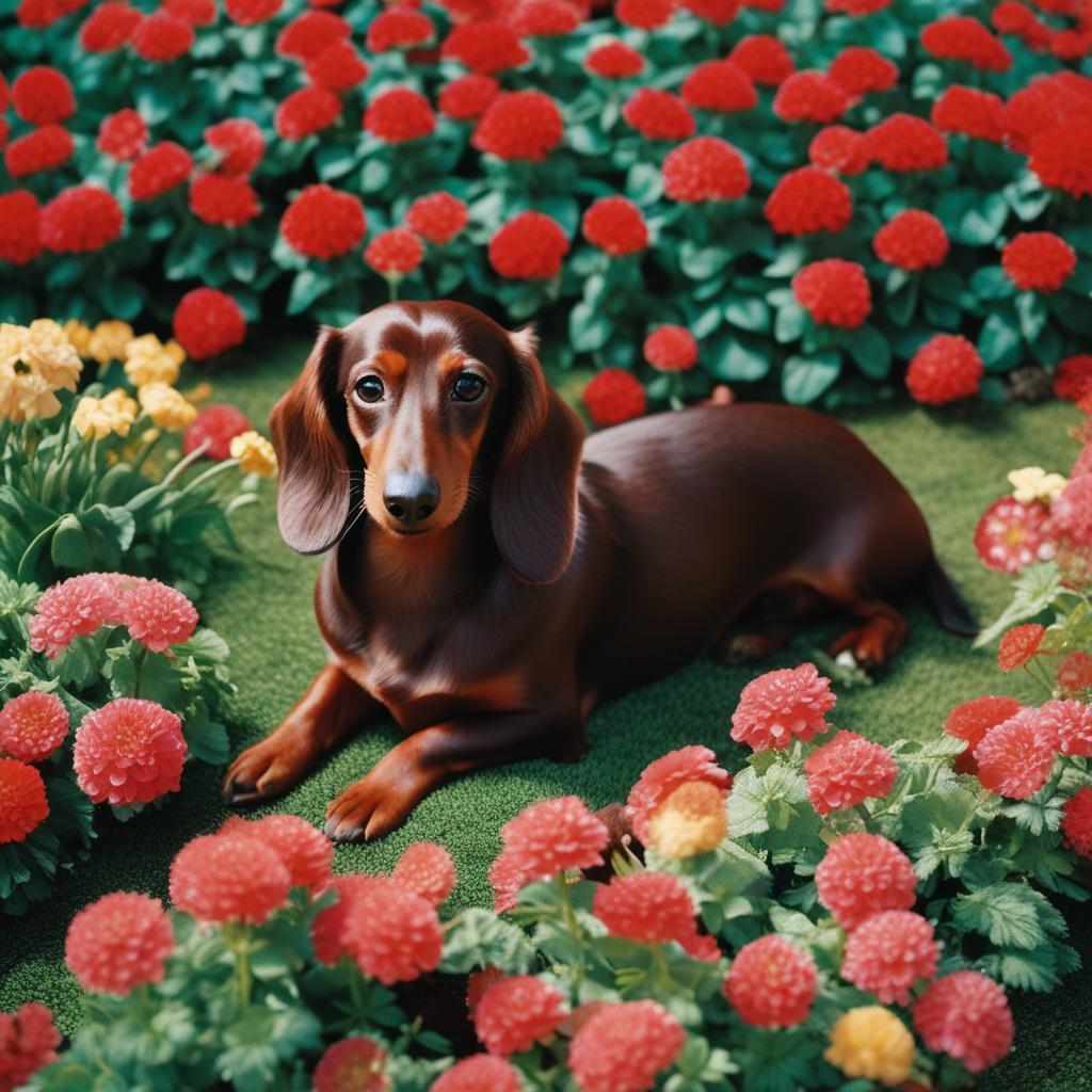  masterpiece, best quality, A close-up shot of a long-haired chocolate dachshund sitting on the floor wearing a red hat that says "Trump 2024", surrounded by vibrant flowers and greenery. The dog's fur glistens in the sunlight, showcasing its rich chocolate color and silky texture. Realization: Kodak Portra 400.