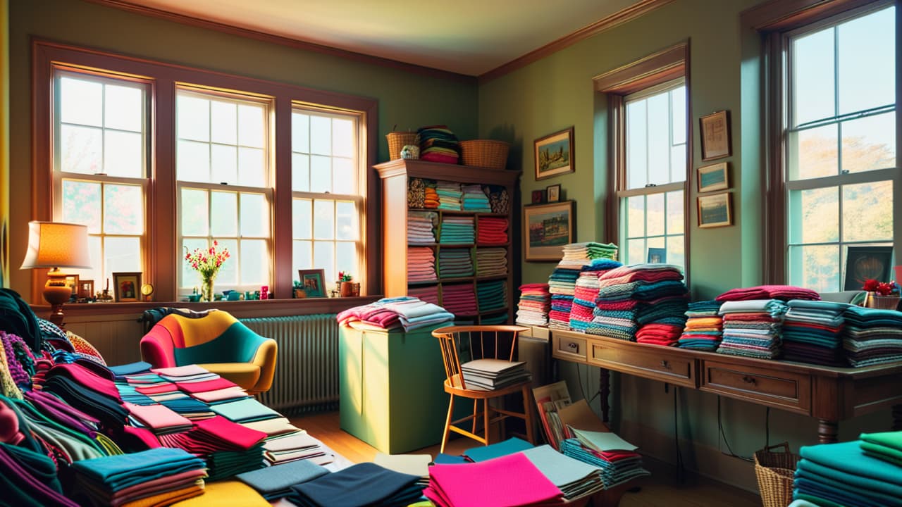  a vibrant, cluttered room filled with colorful old clothing piles, sewing supplies, scissors, and fabric swatches. sunlight streams through a window, casting warm shadows, with an inspiring upcycling project in progress on a table. hyperrealistic, full body, detailed clothing, highly detailed, cinematic lighting, stunningly beautiful, intricate, sharp focus, f/1. 8, 85mm, (centered image composition), (professionally color graded), ((bright soft diffused light)), volumetric fog, trending on instagram, trending on tumblr, HDR 4K, 8K