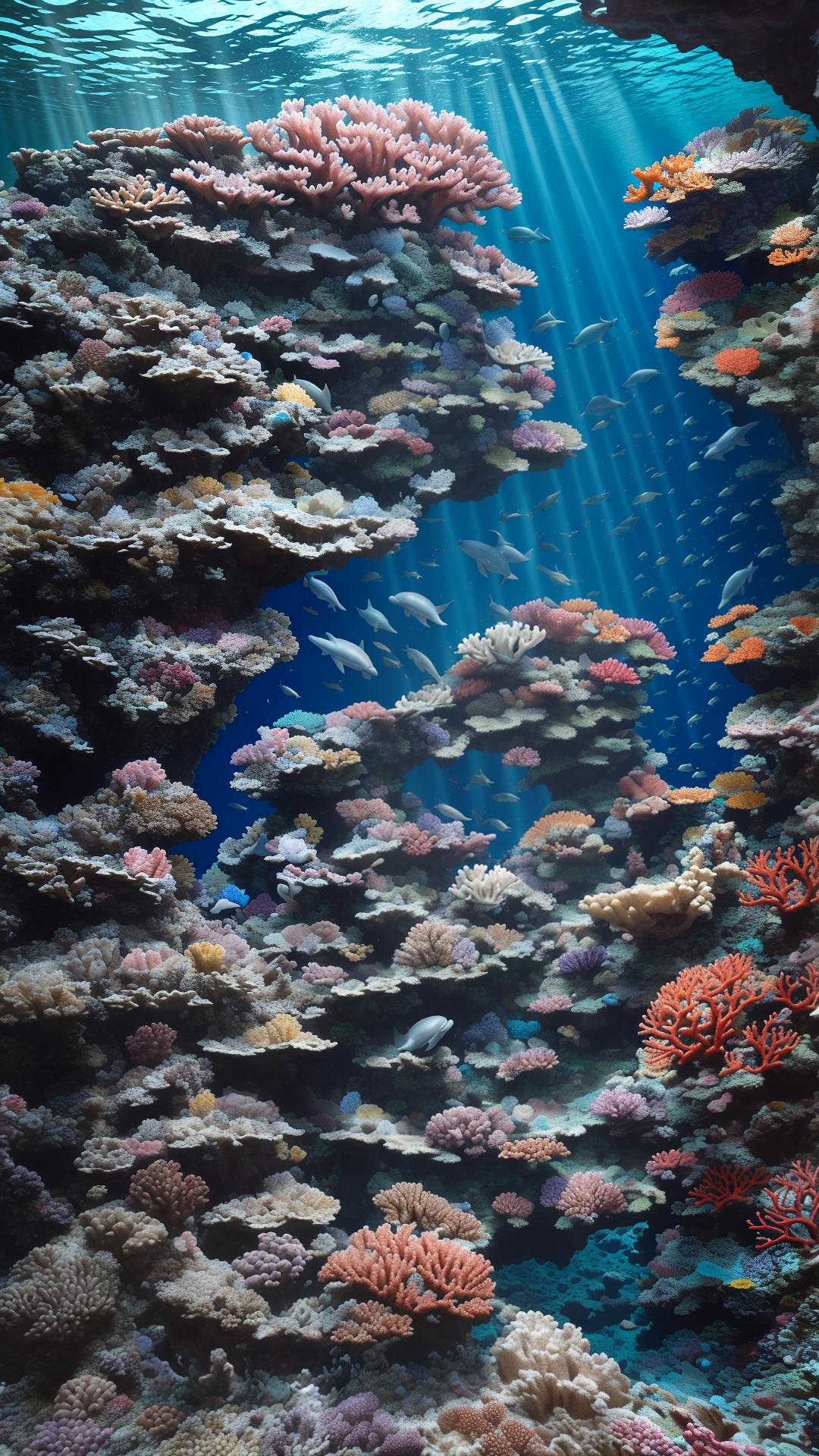  masterpiece, best quality, most beautiful in deep sea teeming with vibrant corals, diverse marine life, and enchanting underwater landscapes, full of corals, acrophore, small fishes, anemones, dolphin, various algaes, caves, colorful,all captured in stunning 8k resolution with intricate details.