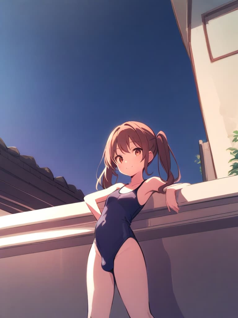  women's elementary students (male), twin tails, cute smiles, (rich s), low stature, dark blue swimwear, old swimwear, , simple, (upward), upward, (bulge), front, whole body, pool side ,,,