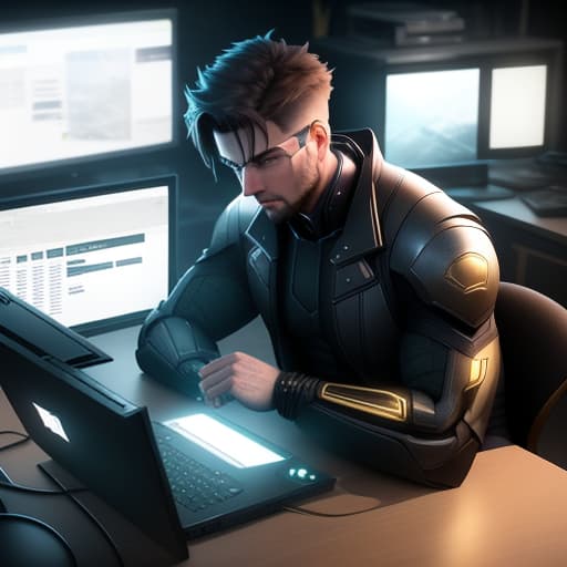  a young guy's sitting at a computer table, there's a trailer terminal on the computer, the light's light hyperrealistic, full body, detailed clothing, highly detailed, cinematic lighting, stunningly beautiful, intricate, sharp focus, f/1. 8, 85mm, (centered image composition), (professionally color graded), ((bright soft diffused light)), volumetric fog, trending on instagram, trending on tumblr, HDR 4K, 8K