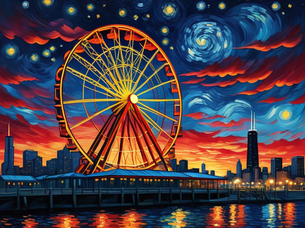  concept art chicago’s centennial ferris wheel, chicago’s navy pier, van gogh's starry starry night with colorful red and orange swirls in the beautiful night sky, chicago skyline with colorful van gogh swirls in the sky, hyper realistic, chicago skyline, mesmerizing, intricate details, flambient golden and red sunrise, dramatic lighting, epic composition, wide angle, cinematic, masterpiece, high resolution, sharp details, best quality, 4k, raw photo, van gogh influence, studio lighting, impressionist, bold colors, starry sky, architectural elements, medium format lens, high angle, cityscape, city life, metropolitan, van gogh's brushstrokes, van gogh's shadows, van gogh's colors, van gogh's textures, nighttime, city scene, streets, night