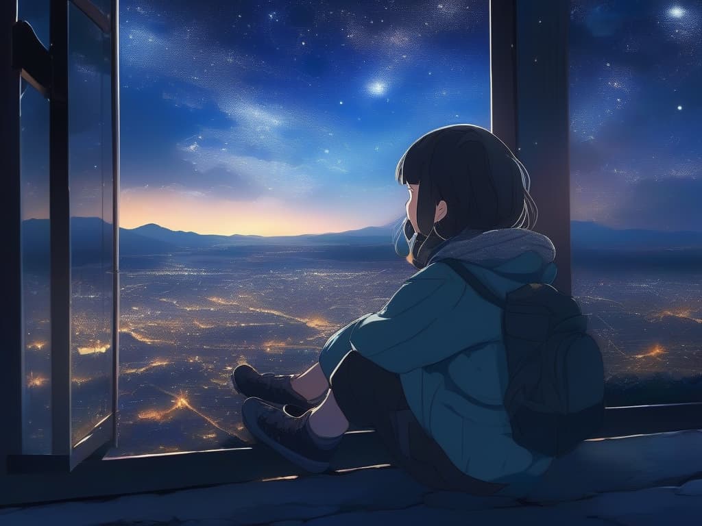  high place, night view, starry sky, small girl, sitting, scenery