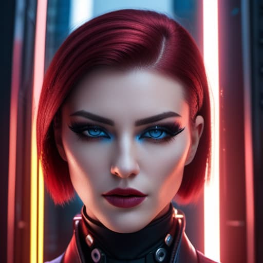  ultra realistic close up portrait ((beautiful pale cyberpunk female with heavy black eyeliner)), blue eyes, shaved side haircut, hyper detail, cinematic lighting, magic neon, dark red city, canon eos r3, nikon, f/1.4, iso 200, 1/160s, 8k, raw, unedited, symmetrical balance, in frame, 8k hyperrealistic, full body, detailed clothing, highly detailed, cinematic lighting, stunningly beautiful, intricate, sharp focus, f/1. 8, 85mm, (centered image composition), (professionally color graded), ((bright soft diffused light)), volumetric fog, trending on instagram, trending on tumblr, HDR 4K, 8K