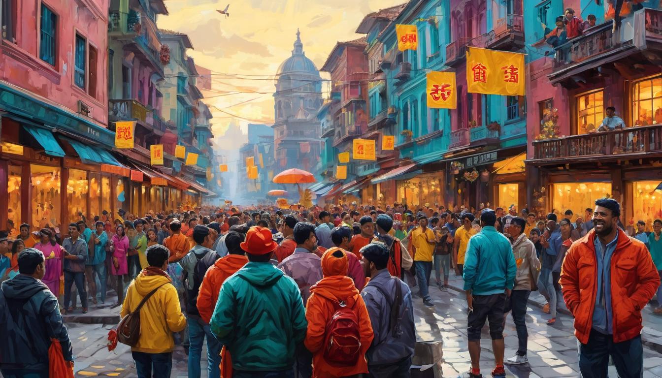  digital painting of people in the city celebrating, smiles and laughter, false idols and symbols of false hope, vibrant and misleadingly cheerful environment, contrasting with reality looking at viewer, dynamic pose, (intricate details, masterpiece, best quality)