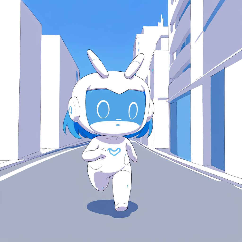  anxiaozhi,a white cute robot with blue face is running on the city street,a clean and crisp anime illustration with bold outlines, smooth shading,cell shaded, crisp ,flat colors, and a minimalistic background.