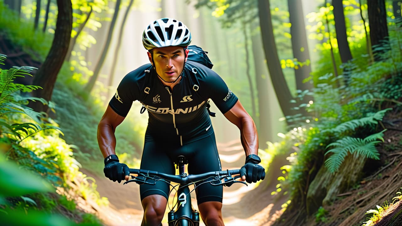  a dynamic scene of a mountain biker navigating a rugged trail, surrounded by lush greenery and rocky terrain, with a focus on their determined expression and powerful leg muscles in motion, sunlight filtering through the trees. hyperrealistic, full body, detailed clothing, highly detailed, cinematic lighting, stunningly beautiful, intricate, sharp focus, f/1. 8, 85mm, (centered image composition), (professionally color graded), ((bright soft diffused light)), volumetric fog, trending on instagram, trending on tumblr, HDR 4K, 8K