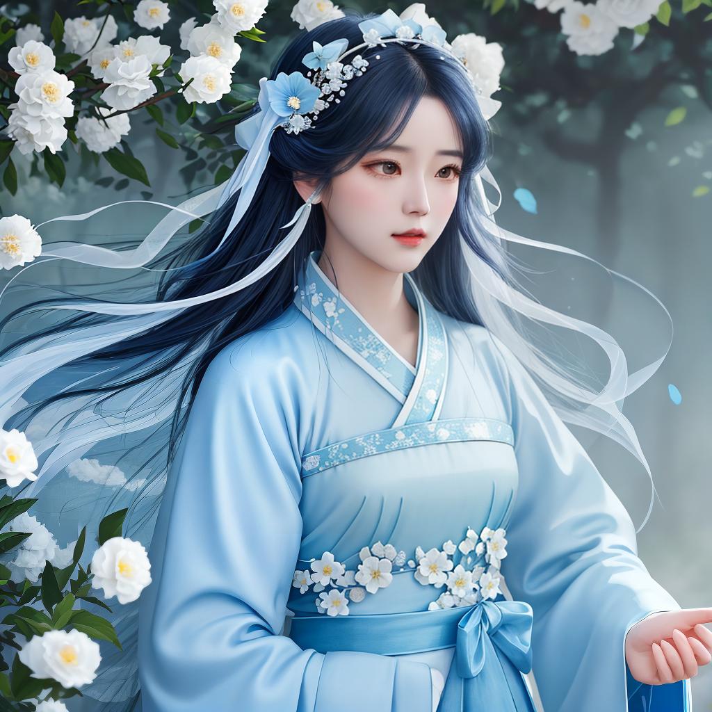  masterpiece, best quality, (Fidelity: 1.4), Best Quality, Masterpiece, Ultra High Resolution, Poster, Fantasy Art, Very Detailed Faces, 8k resolution, Chinese Style, An woman, Side Face, Quiet, Light Blue Hanfu, Tulle Coat, Long Black Hair, Light Blue Fringed Hair Ornament, Hairpin, White Ribbon, White Flower Bush, Light Blue Butterfly Flying, cinematic lighting effects