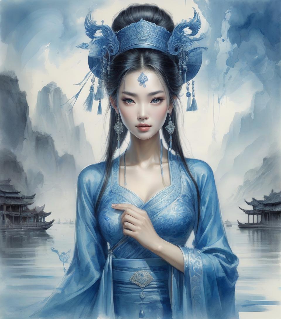  concept art a painting of a woman with a blue hat and a blue dress, ancient asian dynasty princess, ancient chinese goddess, beautiful render of tang dynasty, beautiful oriental woman, chinese art, oriental fantasy, ancient chinese beauties, ancient chinese princess, queen of the sea mu yanling, asian female water elemental, ancient china art style, by luis royo, chinese style painting, watercolor, trending on artstation, sharp focus, studio photo, intricate details, highly detailed, by greg rutkowski . digital artwork, illustrative, painterly, matte painting, highly detailed