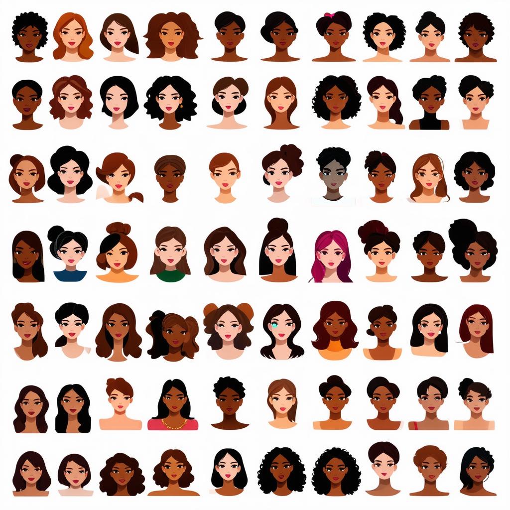  flat illustration, flaticon, (illustration:1.15), different beauty. set of different female heads on white background. different races and nationalities, [cory loftis, strobist, pascal campion :: 0.2]