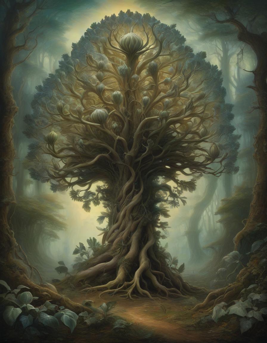  a mesmerizing surreal painting featuring an otherworldly twisted artichoke tree with gnarled roots, standing tall amidst a dense, vibrant forest. the tree is adorned with large, ethereal artichokes that emit an eerie, otherworldly glow, reminiscent of hieronymus bosch's surreal work. the branches stretch towards the sky, illuminated by a phantasmagoric, ethereal light, while the tree's foliage is inhabited by mysterious and fantastical creatures. this enchanting and enigmatic scene captures the viewer's imagination, transporting them into a world of wonder and mystery.