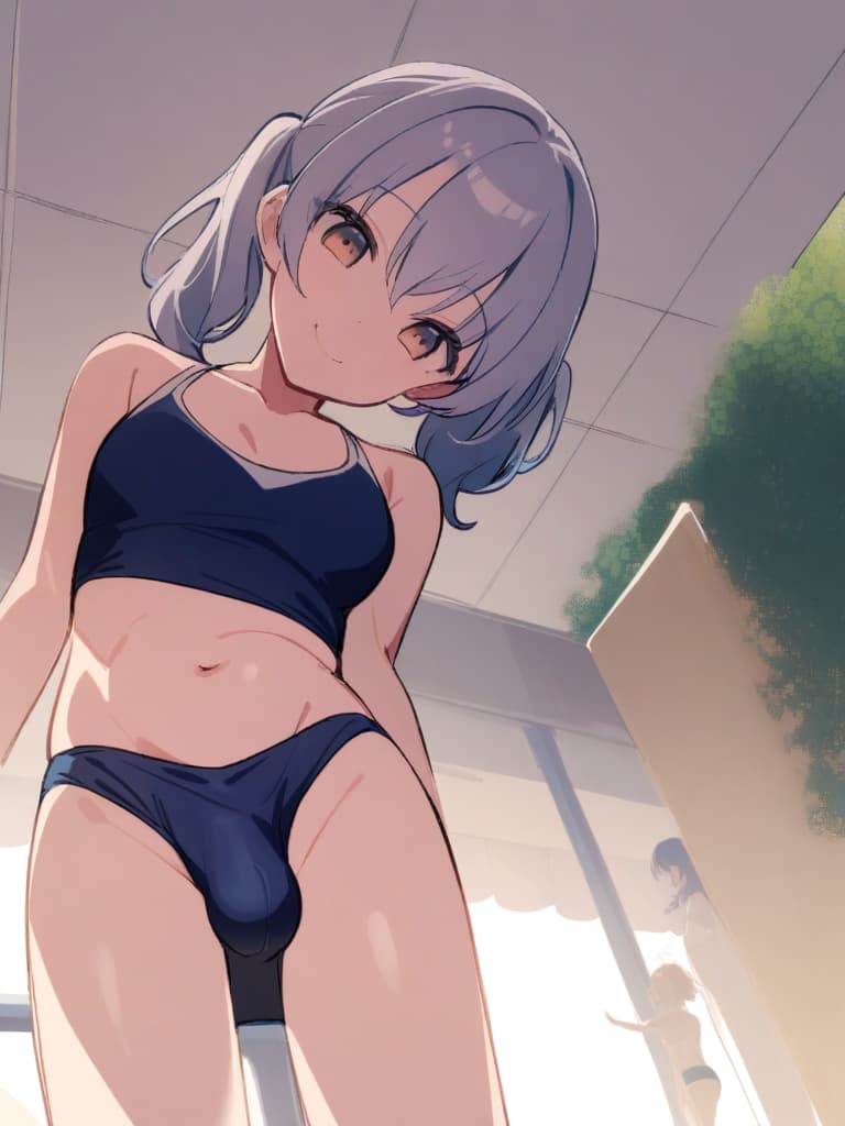  women's elementary students (male), twin tails, cute smiles, (rich s), short stature, dark blue swimwear, old swimwear, swimwear, simple, (upward), upward, (bulge), front, whole body, pool side ,,,