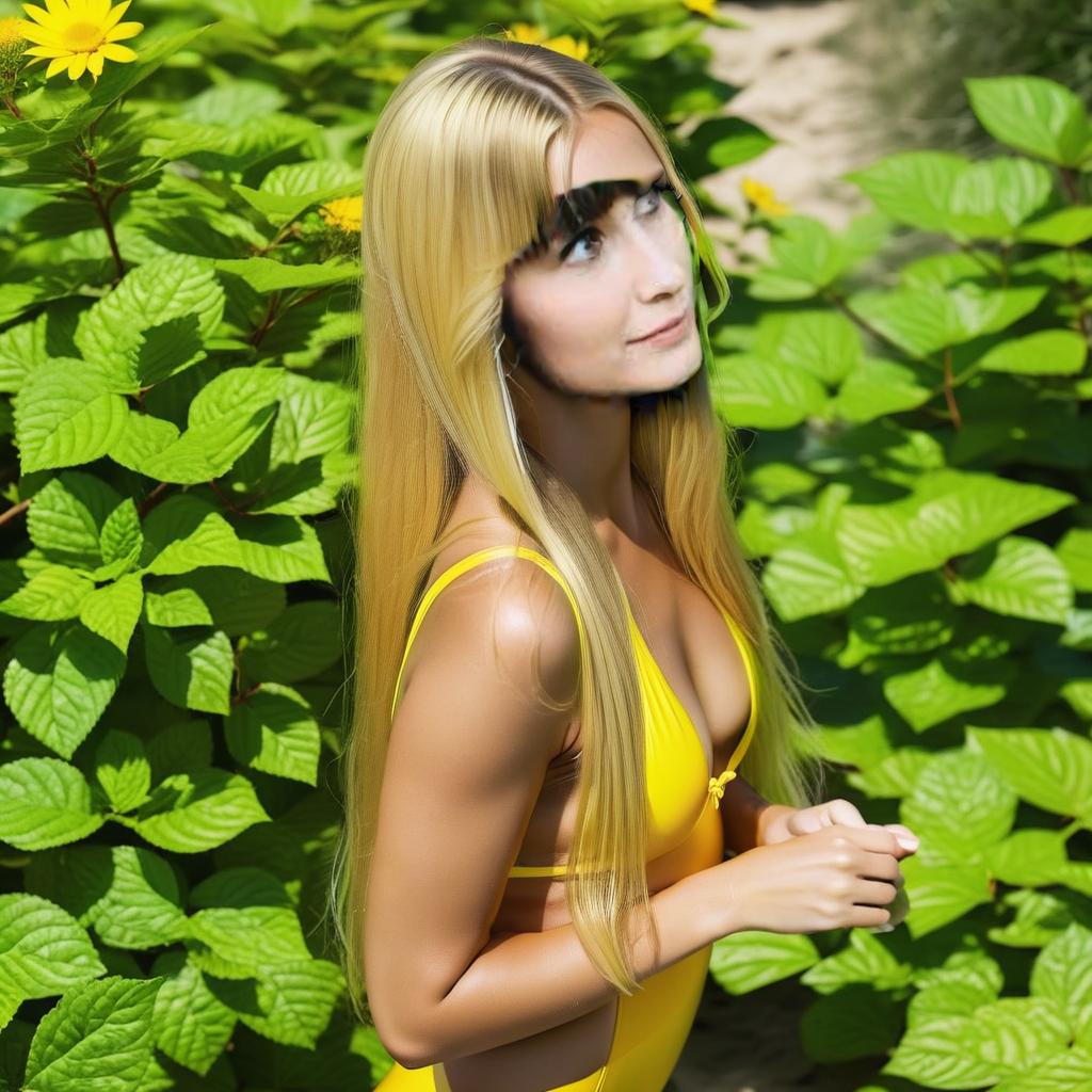  blondy long hair, dressed in (closed yellow swimming suit), maximum detail, maximum quality,