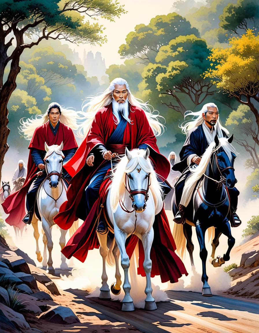  watercolor painting roads crossed, three asian men one with long white hair, two with long black hair, riders in long red cloaks on horses at the crossroads, fantasy, magic, bright . vibrant, beautiful, painterly, detailed, textural, artistic hyperrealistic, full body, detailed clothing, highly detailed, cinematic lighting, stunningly beautiful, intricate, sharp focus, f/1. 8, 85mm, (centered image composition), (professionally color graded), ((bright soft diffused light)), volumetric fog, trending on instagram, trending on tumblr, HDR 4K, 8K