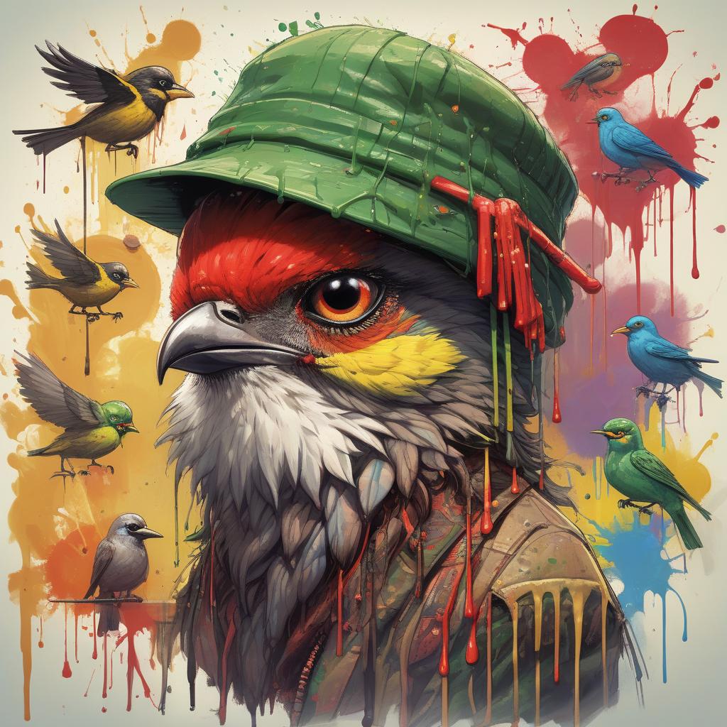  birds wearing a rasta hat ! large glossy eyes; speedpaint with large brush strokes by junji ito; robert oxley! ismail inceoglu; gazelli; m.w. kaluta; richard anderson; paint splatter; paint drips; drip painting; a masterpiece; 8k resolution; trending on art station; maximalist; uncanny; highly detailed and intricate