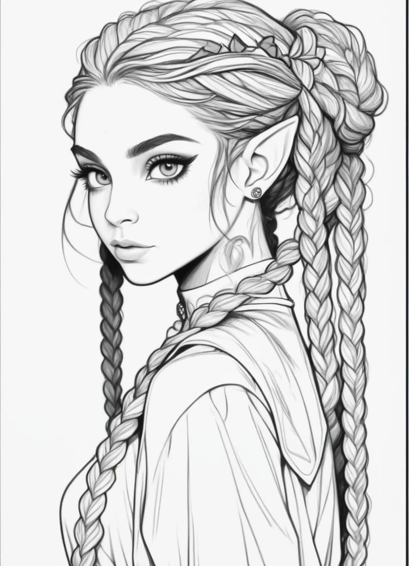  create a black and white coloring of the girl elf to the waist without a background