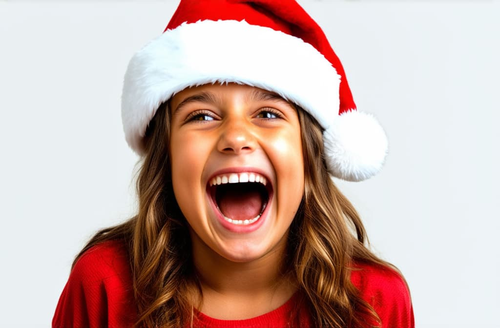  girl in santa hat emotionally screaming joyfully, portrait on white background ar 3:2, (natural skin texture), highly detailed face, depth of field, hyperrealism, soft light, muted colors