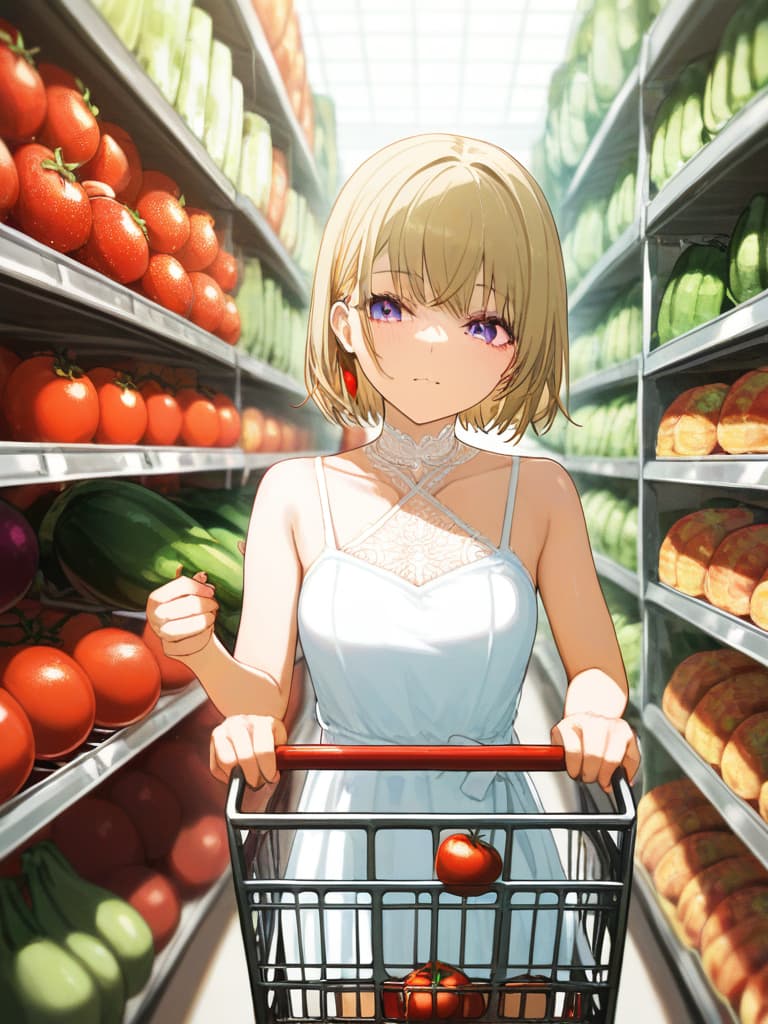  with tomatoes, blond ponytails, white headphones, heart tattoo on their arms, girls wearing white dress dresses, shopping carts, shopping carts, gestures, shopping cart containing eggplant and celery, the upper arm. tattoo, a spider web on the neck, masterpiece, best quality,8k,ultra detailed,high resolution,an extremely delicate and beautiful,hyper detail