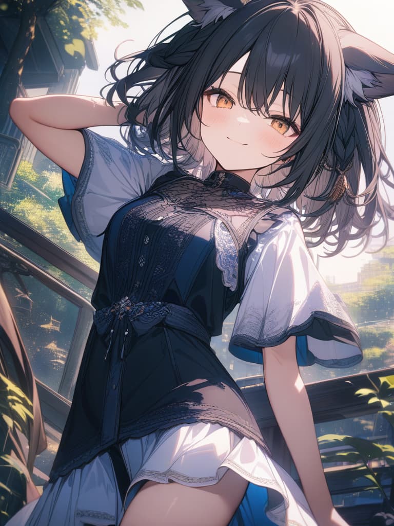  black hair, short hair, smile, cute, gradation, braided ears, first blue, fox ears, whole body, virtual, vocaloid, masterpiece, best quality,8k,ultra detailed,high resolution,an extremely delicate and beautiful,hyper detail