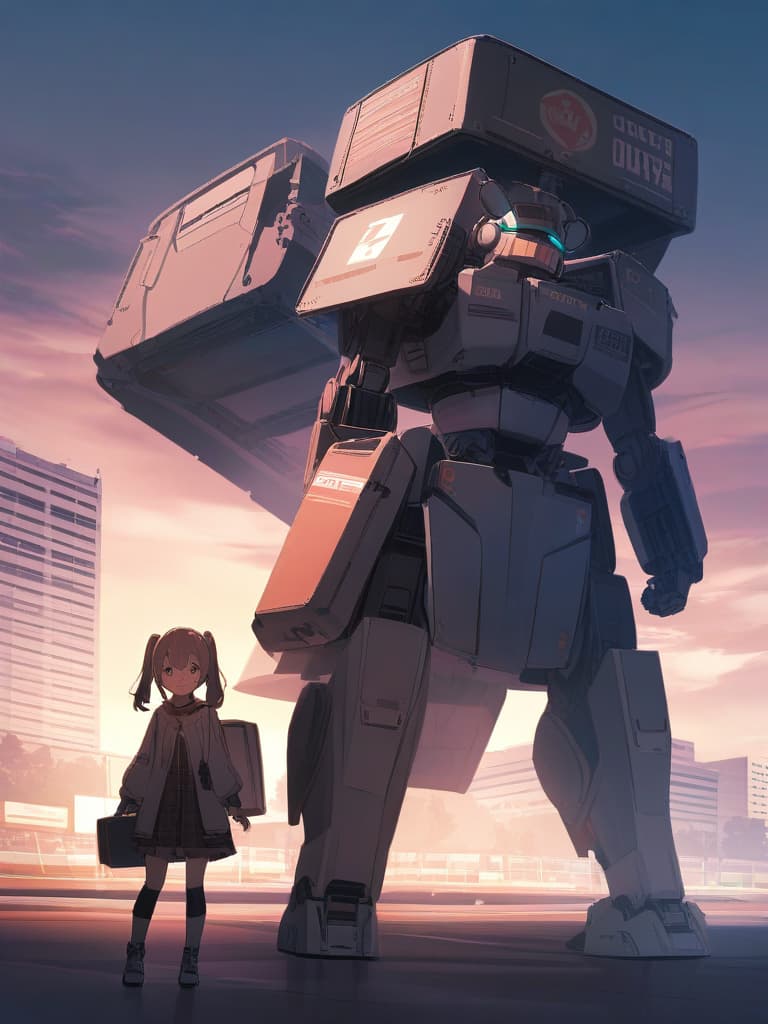  metal box type robot, toy type, girl robot, twin tail, cute smile, whole body, city ground,