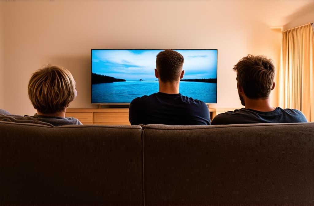  professional detailed photography, rear view: relaxed family sitting on sofa in living room watching tv enjoying cozy movie night ar 3:2, (muted colors, dim colors, soothing tones), (vsco:0.3)