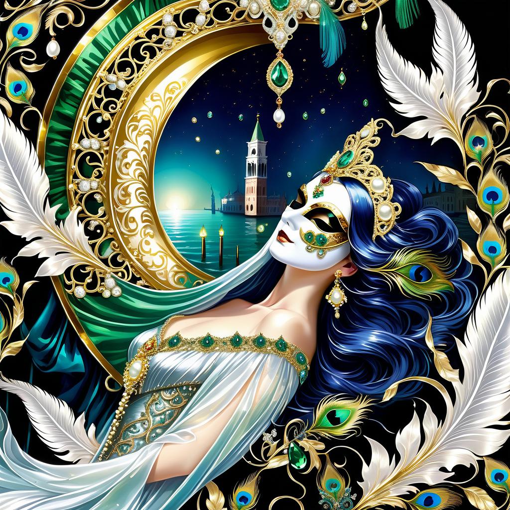  dreamscape (background):black silk cloak, topazes, rubies, emeralds, gold candlestick with white gold flame. ((the eye slits reflect the contours of the palaces and canals of venice1,9)). ((half mask columbine) a mask covering only part of the face. silver mask:with gold patterned ornamentation. colours:light green, blue, pearl cream, peacock feathers, gold and silver beads, gold leaf, gemstones, venetian lace, rhinestones, beads. (style):fantasy, renaissance, dream, mystery, mystery, dream, italy, venice, barcarolle, minestrel. . surreal, ethereal, dreamy, mysterious, fantasy, highly detailed