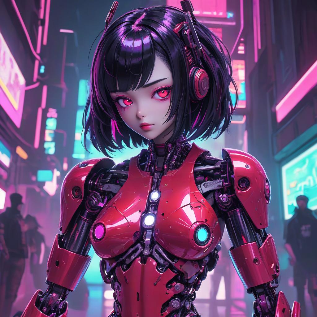  neonpunk style robot girl, red metal body, white eyes, black hair . cyberpunk, vaporwave, neon, vibes, vibrant, stunningly beautiful, crisp, detailed, sleek, ultramodern, magenta highlights, dark purple shadows, high contrast, cinematic, ultra detailed, intricate, professional