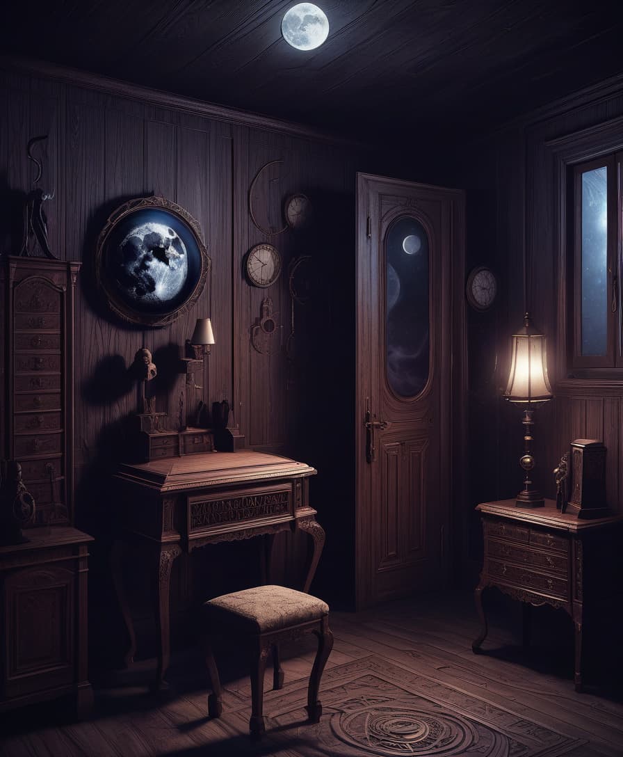  lovecraftian horror the dark room. wooden furniture in classic style. web and dust. no lighting. the moon outside . eldritch, cosmic horror, unknown, mysterious, surreal, highly detailed