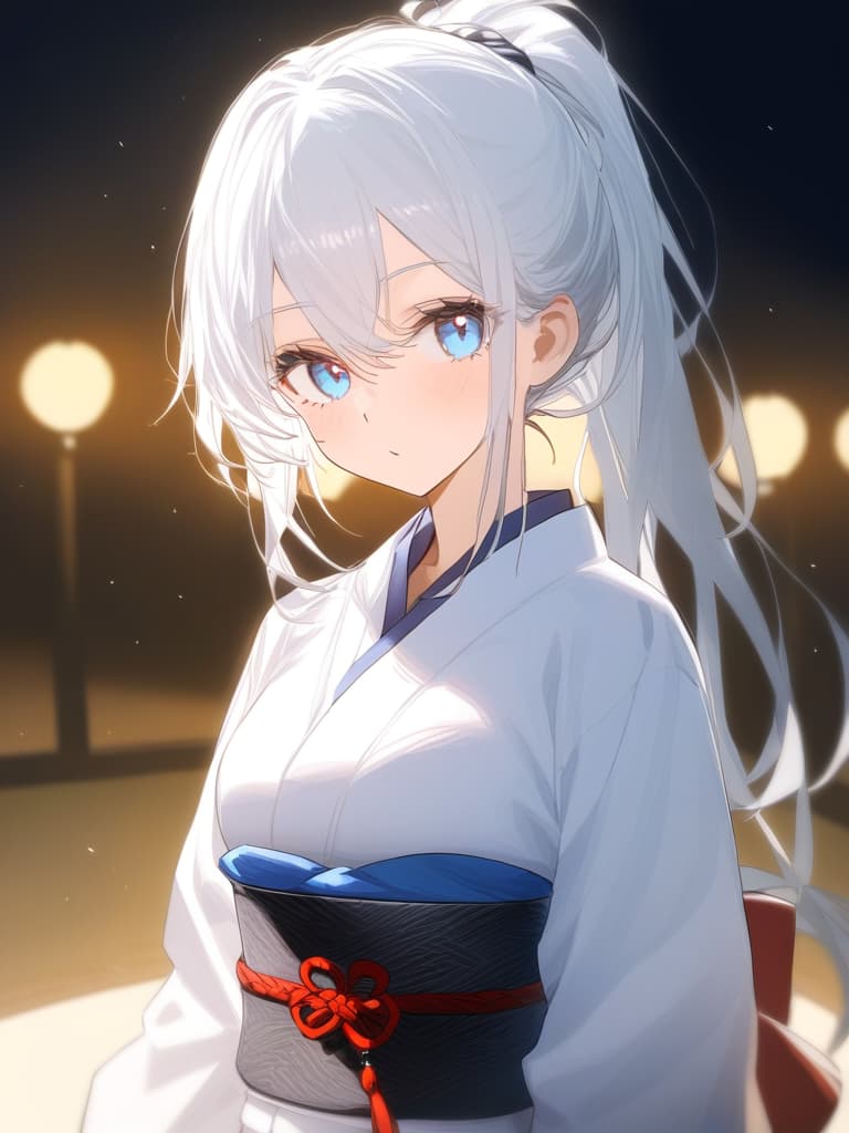  white hair,pony tail,girl,japanese style,light blue eyes